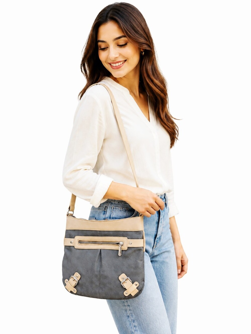 Charming Charlie Hobo Two-Tone Crossbody Bag in Gray and Tan, NWOT